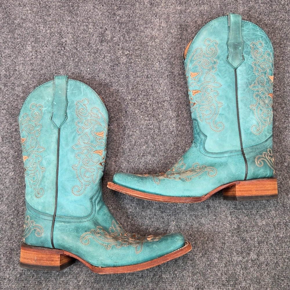 Circle G Embroidered Cowboy Boots Womens 11 Turquoise Square Toe Leather L5135
